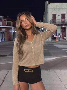 New Fine Glitter Pearlescent Textured Knit Cardigan, Soft Short V-Neck Sun Protection Jacket, Versatile For Commuting, Dating, Vacation, Shopping And Multiple Occasions - Champagne - View 8