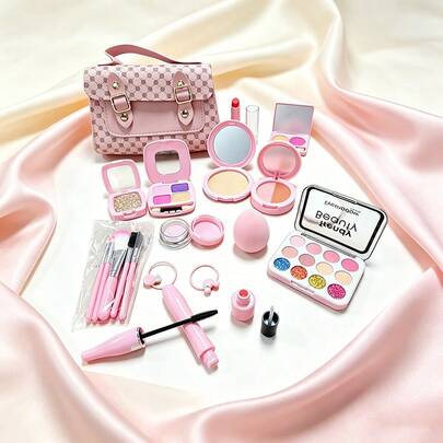 Set Mainan Rias Wajah Anak Perempuan dengan Tas Penyimpanan, Set Rias Wajah untuk Bermain Peran Putri, Cocok untuk Anak Usia 3 Tahun ke Atas, Mainan Perlengkapan Rumah Tangga