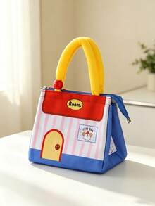 Cute House-Shaped Lunch Bag, Polyester Material, Striped Pattern, Portable Handheld Tote Bag, Suitable For Women And Girls, Office, School, Picnic, Travel, Daily Use, Spring/Summer Outdoor Activities - Multicolor - View 14