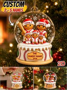 Custom Baseball Gingerbread Family Snow Globe Christmas Ornament, Personalized 2-5 Names Holiday Hanging Decor, Festive Winter Style, Customized Christmas Wall Decoration, Customizable Family Keepsake, Christmas Tree Decor, Holiday Gift, 2D Effect - Style D - View 1