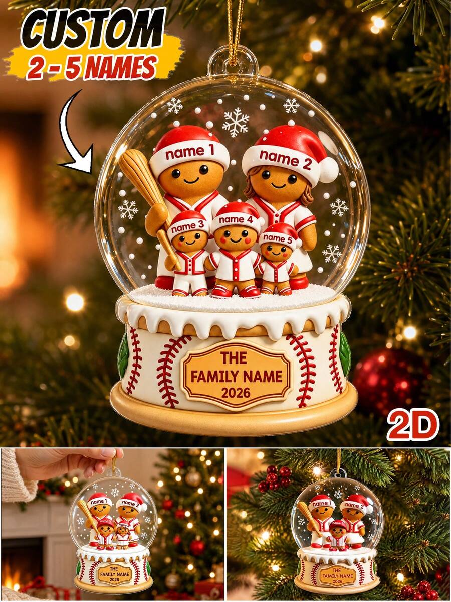 Custom Baseball Gingerbread Family Snow Globe Christmas Ornament, Personalized 2-5 Names Holiday Hanging Decor, Festive Winter Style, Customized Christmas Wall Decoration, Customizable Family Keepsake, Christmas Tree Decor, Holiday Gift, 2D Effect - Style D - View 1