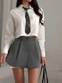 Women's Skort, Front Zipper Design, Young Fashion Casual Style For Fall & Winter, Ideal For Back‑To‑School, Office And Daily Wear - Grey - View 5