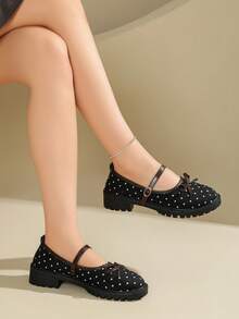 Vintage French Polka Dot Mary Jane Flat Shoes For Women, New Style With Single Strap - Black - View 4