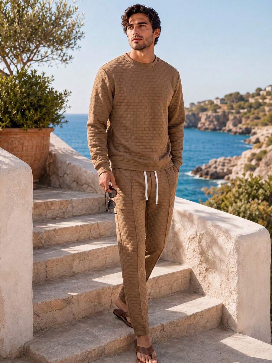 2pcs Coffee Color 3D Checkered Embossed Men's Set, Men's T-Shirt + Men's Pants, Breathable Soft Knit Fabric, Machine Washable, Simple Casual Vacation Style, Early Autumn Short Trip Home Vacation Outfit - Coffee Brown - View 1