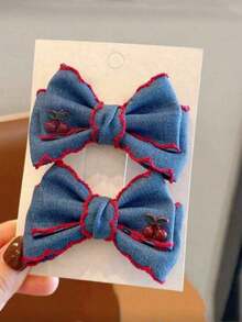 2pcs Cherry Denim Bow Hair Clips, Various Styles, Exquisite And Cute, Suitable For Creating Princess Style Bangs Hair Accessories - Multicolor - View 2