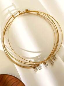 1pc Stainless Steel 18K Gold Fashion Gold Zirconia Inlaid Pendant Necklace - Gold - View 3