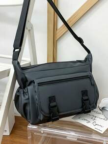 Men's Functional Style Crossbody Bag, Large Capacity Water-Resistant Utility Messenger Bag, Flap Buckle Shoulder Bag, Outdoor Commute Casual Multi-Compartment Backpack - Grey - View 1
