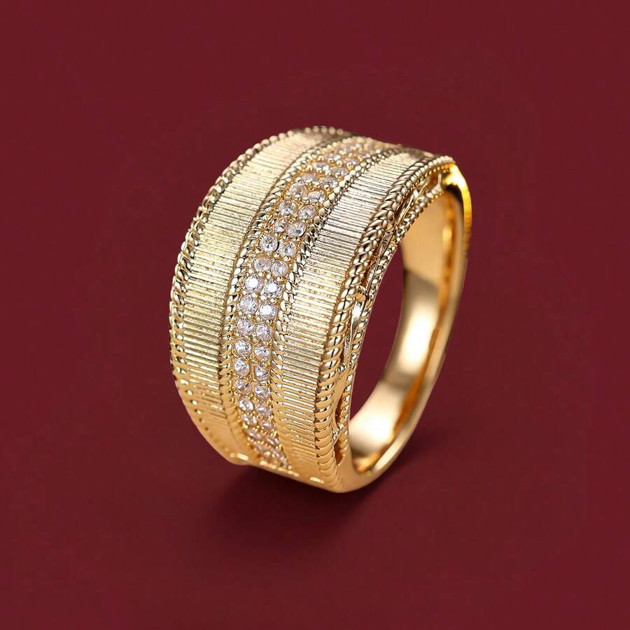 1pc Wide Band Double Layer Design Cubic Zirconia Women's Ring - Multicolor - View 1