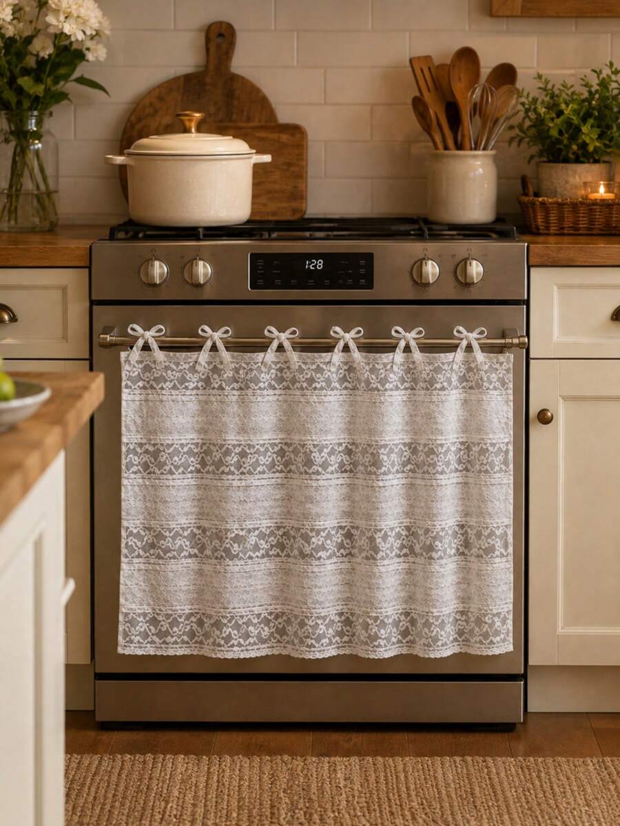 Vintage Beige Lace Oven And Dishwasher Cover, Polyester Kitchen Stove Cover With 6 Ties And Decorative Ruffle Trim, Farmhouse Bohemian Style Dust-Proof Decorative Cover, Suitable For Dishwasher, Oven, Sink And Entryway Shoe Rack - Beige - View 1