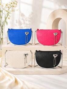 1pc Women's Heart Embossed Crescent Bag, Metal Heart Tassel Pendant Chain Crossbody Bag, Sweet Cool Style Contrast Edge Shoulder Small Bag - M1754 - View 1