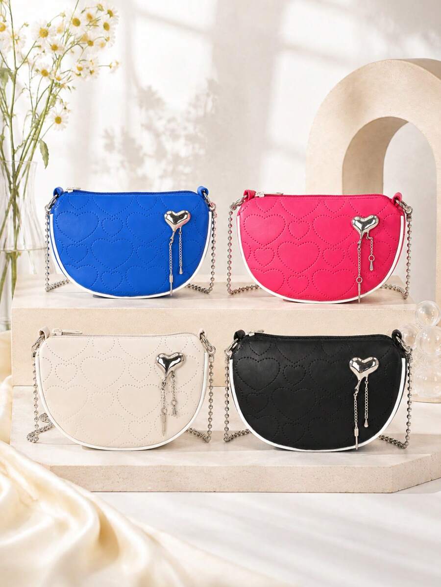 1pc Women's Heart Embossed Crescent Bag, Metal Heart Tassel Pendant Chain Crossbody Bag, Sweet Cool Style Contrast Edge Shoulder Small Bag - M1754 - View 1