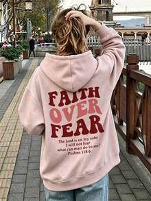 1pc Women's Long Sleeve Hooded Sweatshirt, Faith Over Fear Inspirational English Letter Print, Casual Loose Fit Sports Sweatshirt, Autumn/Winter Long Sleeve Top - Pink - View 3