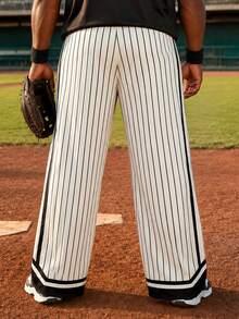 Celana Baseball Pria Ukuran Besar Motif Garis Vertikal Hitam Putih dengan Saku untuk Pemakaian Kasual Sehari-hari - Putih - View 7