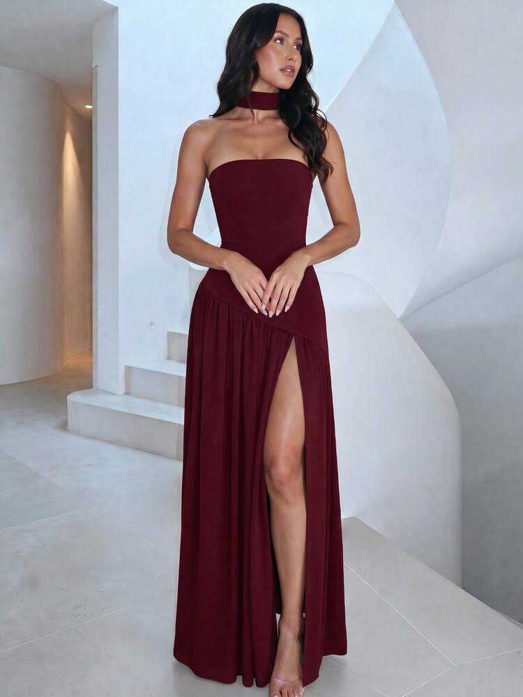 holiday burgundy dress Women's Elegant Sexy Solid Color Slit Sexy Party Vacation Dress, Wedding Spring Fall holiday party dresses