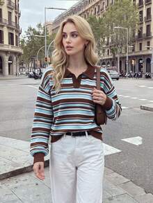 Nicenter Women's Fall Winter Brown Baby Blue Stripe Polo Collar Drop Shoulder Wool Blend Sweater, Casual Simple For Office Daily Home Date - Multicolor - View 8