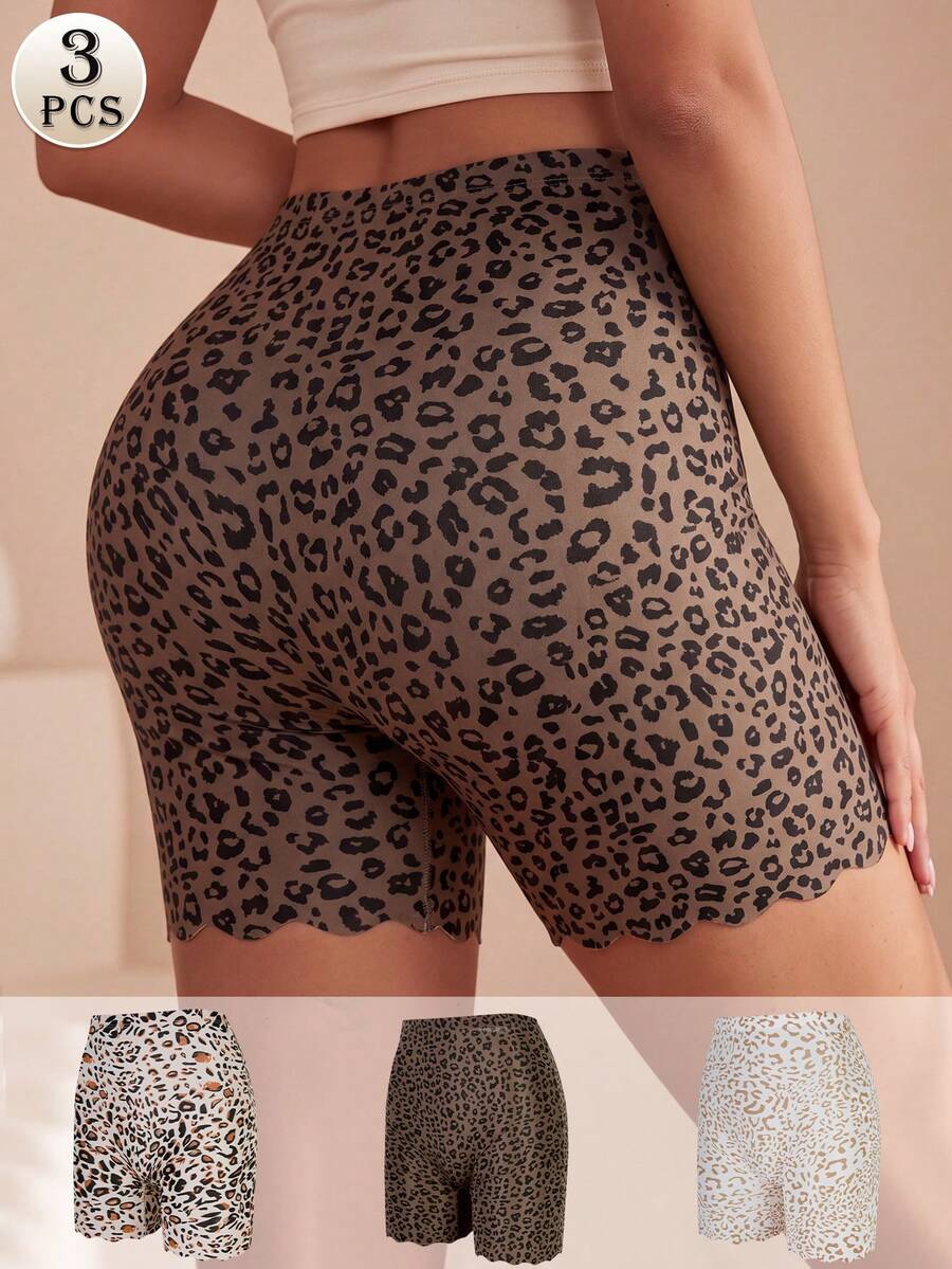 CELILIN 3 Packs Women Slip Shorts, Leopard Print Scalloped Hem Anti Chafing Underdress Shorts For Outfits & Daily Wear - Multicolor - View 1