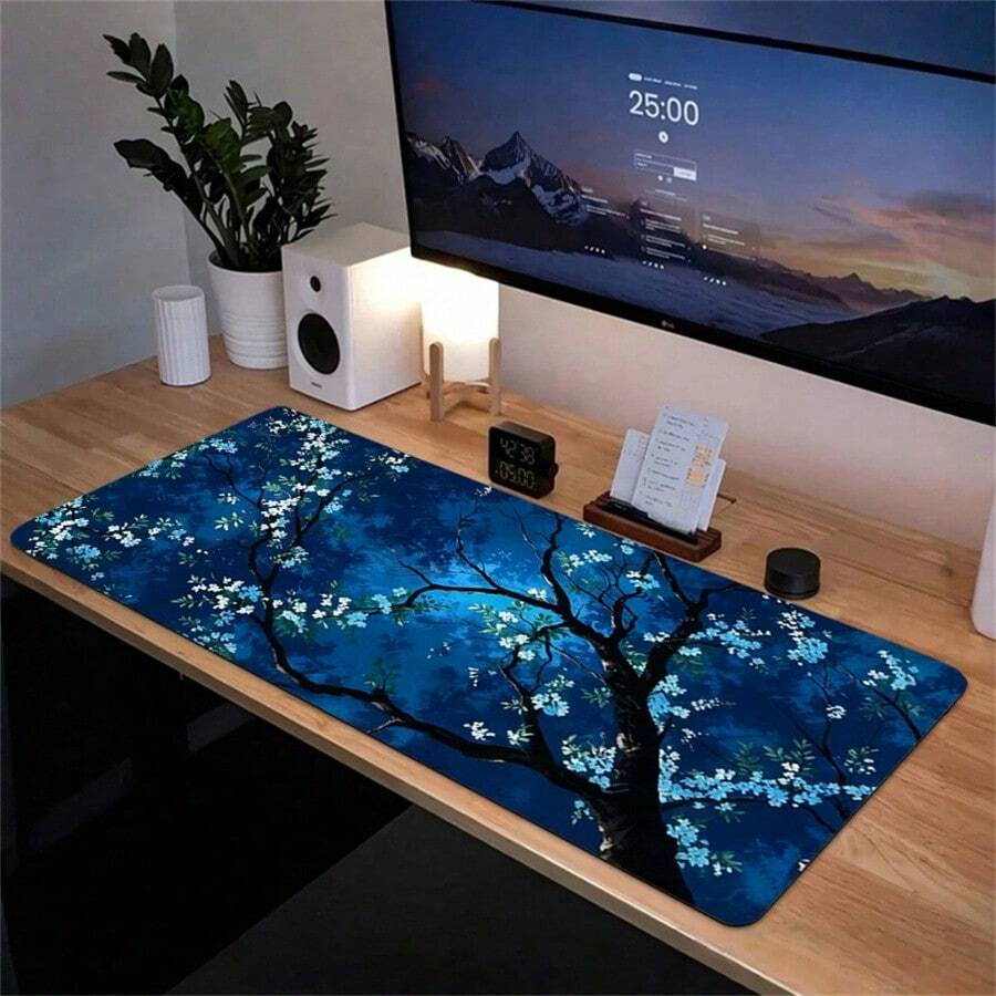1pc Leather Desk Mat, Mysterious Blue Cherry Blossom Extended Mouse Pad - Large Japanese Night Flower Desktop Pad, For Office And Gaming, Beautiful Desktop Leather Protective Pad, Washable, Non Slip Base, Suitable For Home Office Use - View 1