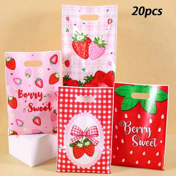 20 pezzi Sacchetti regalo a tema fragola rosa - Sacchetti regalo a tema frutta e bacche con design di fragola, fiocco, cuore e ritaglio di fragola, Sacchetti regalo a tema fragola portatili, adatti per feste di compleanno e altro