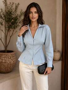 JZXFS Blus Lengan Panjang Polos Minimalis Kasual untuk Wanita, Warna Solid, Cocok untuk Musim Gugur - Baby Blue - View 1