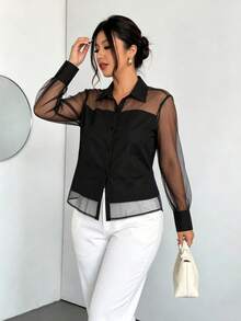 Plus Size Women's Semi-Sheer Mesh Long Sleeve Button-Up Shirt Blouse - Black - View 3