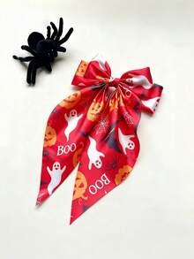 1pc Halloween Black Spider Web Embroidered Tulle Long Tail Bow Hair Clip, Cute Hair Clip For Girls, Gift Party Hair Accessory Halloween Bows - Multicolor - View 12