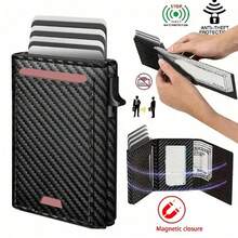男士彈出式錢包：磁吸開合 PU 皮革，RFID 防盜，智能、薄型、極簡，碳纖維 - 大容量 | 證件視窗，貼心禮物 - 黑色 - 查看 2