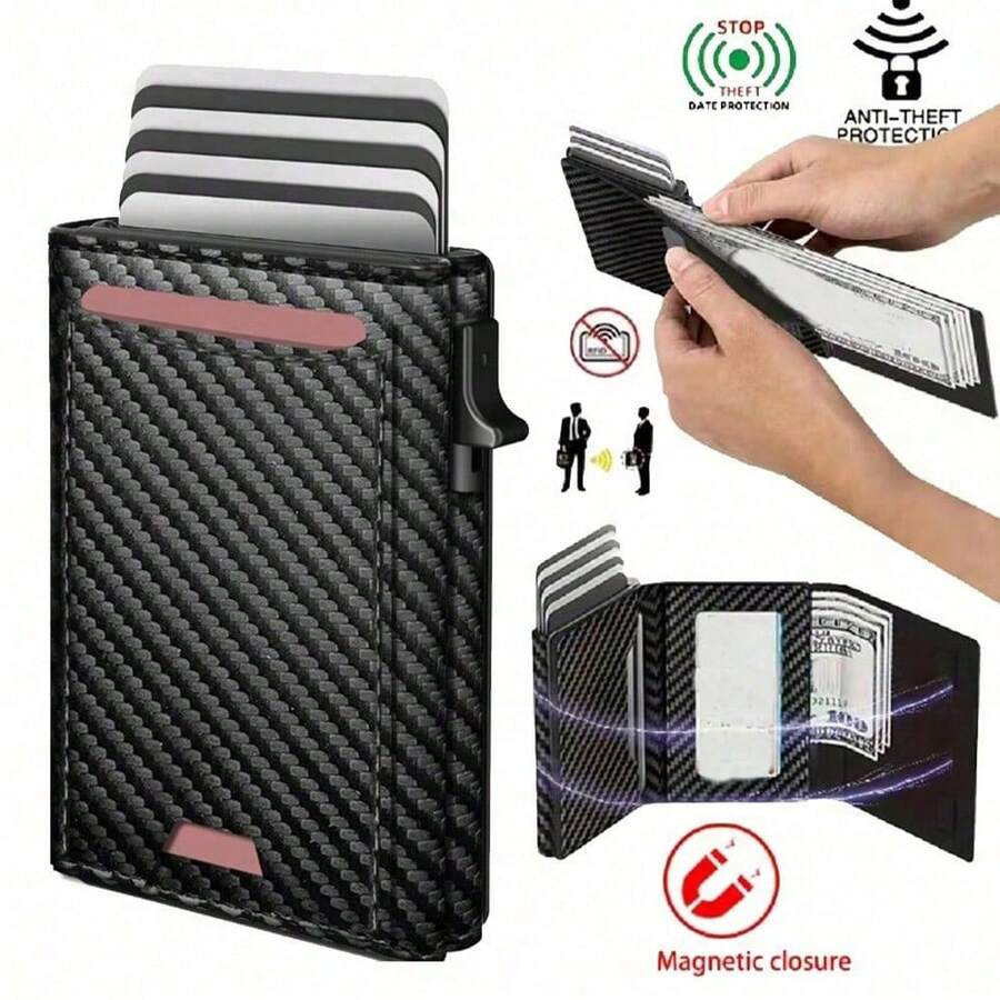 男士彈出式錢包：磁吸開合 PU 皮革，RFID 防盜，智能、薄型、極簡，碳纖維 - 大容量 | 證件視窗，貼心禮物