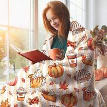 1pc Striped Autumn/Winter Blanket, Pumpkin Coffee Maple Leaf Pattern, Thanksgiving Atmosphere Sofa Throw Blanket, Soft Home Sofa Bedroom Holiday Blanket - Multicolor - View 4