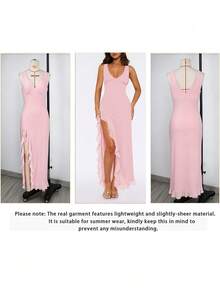 European And American Style Women's Summer New Ruffled Sexy Deep V-Neck Split Party Dress, Versatile Evening Gown Wedding Spring Fall - Light Pink # - View 6