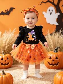 3pcs/Set Halloween Baby Party Outfit, Cartoon Letter Print Bodysuit, Mesh Skirt, Hair Clip For Baby Girl - Black - View 1