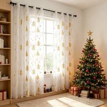1 Panel Red Christmas Curtain, Christmas Tree & Snowflake Gold Foil Print Pattern Transparent Window Curtain, Light Filtering Window Decor, Suitable For Christmas Living Room, Bedroom, Door Curtain, Window Sheer - White - View 9