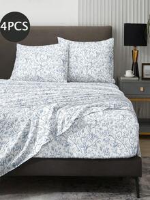 4-Piece/Set Minimalist Light Green Floral Pattern Bedding Set, Easy Care Soft Bedding Set, Floral Pattern Fitted Sheet Set (1 Flat Sheet + 1 Fitted Sheet + 2 Pillowcases), Fitted Sheet Set, Extra Large, Large, Standard Double, Twin Sizes, Deep Pocket Design, Pillowcases Up To 11.8 Inches, Soft And Breathable, Wrinkle-Resistant - Blue and White - View 2