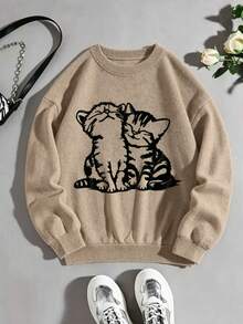 Plus Size Round Neck Sweater, Cute Cat Print Long Sleeve Pullover, Women's Autumn Clothing - Khaki - View 1