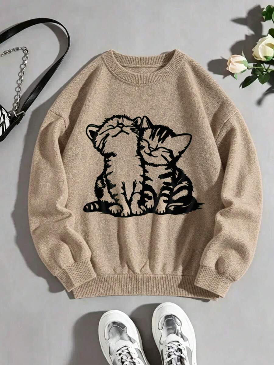 Plus Size Round Neck Sweater, Cute Cat Print Long Sleeve Pullover, Women's Autumn Clothing - Khaki - View 1