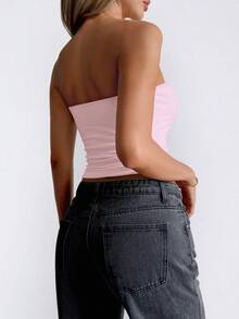 Women's Plus Size Summer Sexy Fitted Knit Tube Top Solid Color Pink - Pink - View 2