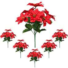 3 Packs Artificial Poinsettia Bushes – 11.5" Faux Red Poinsettia Bouquets With 7 Heads Each, Christmas Artificial Flowers For Holiday Tree, Table Centerpiece, Indoor Outdoor Decor, DIY Table Runner - Multicolor - View 11