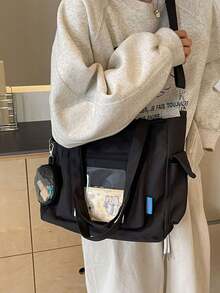 Tote Bag With Transparent Front Pocket For Customizable Decorative Cards, Detachable Small Round Side Pouch, Wide Strap For Comfortable Long-Term Wear, Multi-Compartment Storage, Suitable For Students' School And Travel, Versatile And With A Vibrant Personalized - Black - View 7