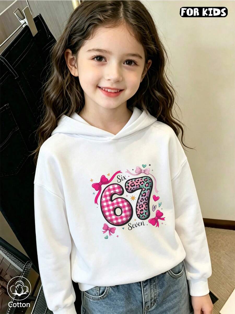 Kids Cute Loose Fit Hooded Sweatshirt With Leopard Print Butterfly Bow Digital 67 - Breathable Casual Pullover For Spring Autumn Daily Wear - White - View 1