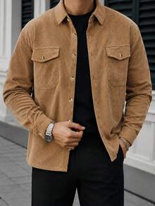 GloMan Old Money Style Men's Camel Brown Button Textured Long Sleeve Shirt, Warm For Autumn, Suitable For Office Commute, Family Gathering, Business Casual, Gift For Husband/Father - Camel - View 4