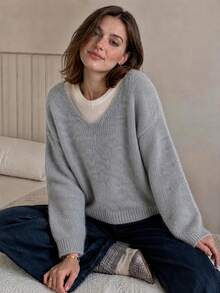 Wixra Women's Contrast V Neck Fuzzy Textured Knit Long Sleeve Loose Pullover Sweater - Light Grey - View 4