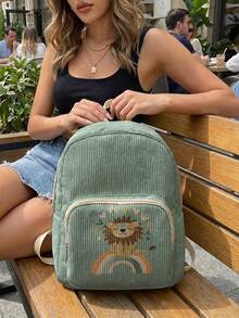 1 Piece Backpack, Women's Mini Backpack, Corduroy Girl School Bag, Travel Storage Bag, Animal Printed Design, Large‑Capacity Foldable Easy‑To‑Store Bag, Lightweight & Pressure‑Relieving, Multi‑Pocket Layered Design With Zipper Closure - Lion 22828 - View 7