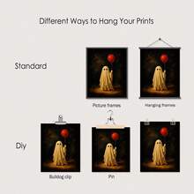 1PC Unframed Vintage Halloween Art Print, Cute Tattered Ghost Holding Red Balloon Dark Moody Background Wall Poster, Halloween Decor Fall Decor Wall Decor Home Decor, Whimsical Spooky Wall Decoration Gift For Halloween Season - Abstract - View 3