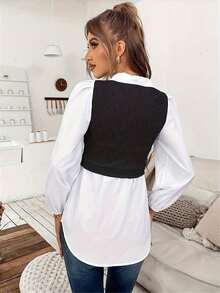 Plus Size Collared Long Sleeve Shirt, Button Detail Design, Layered Style, Suitable For Casual Or Office Wear, Flowy Hem Woven Fabric Top - Black and White - View 2