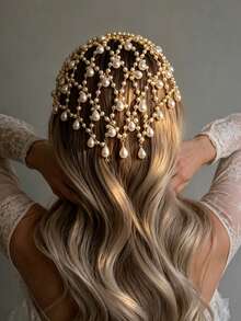 Bohemian Style Bling Pearl Tassel Head Chain, Fashionable Party & Banquet Exquisite Sparkling Head Jewelry Accessory - Gold - View 2