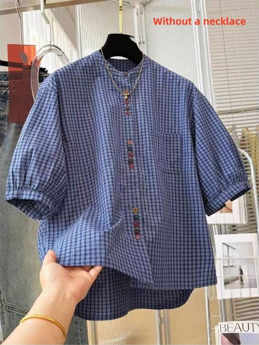 Retro Blue Plaid Button-Up Short Sleeve Shirt For Women, Summer Lightweight Puff Sleeve Loose Fit Minimalist Design Casual Commuter Top