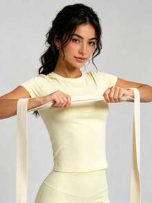 Women Nylon Basic Round Neck Short Sleeve Workout T‑Shirt, Stretchy Fitted Yoga Gym Running Sports Top - Yellow - View 7