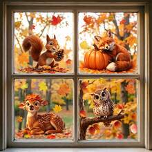 1/4 Sheets Cute Fall Woodland Animals Static Window Clings Raccoon Maple Leaf Reusable Decals For Kids Room Autumn Decor Home Decoration - Multicolor - View 7