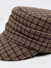 Women Houndstooth Newsboy Cap, Vintage Plaid Peaked Hat, Face-Slimming Octagonal Cap, Fall Winter Essential, Maillard Style, For Commute Outing - Plaid Newsboy Cap - View 7