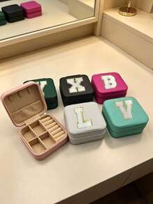 1pc PU Leather Jewelry Box, Large Capacity Jewelry Storage Box, Embroidered Letter Jewelry Organizer, Portable Travel Jewelry Storage Box, Suitable For Rings, Necklaces, Earrings, Etc., Travel Essential, Holiday Makeup Bag. - Multicolor - View 5