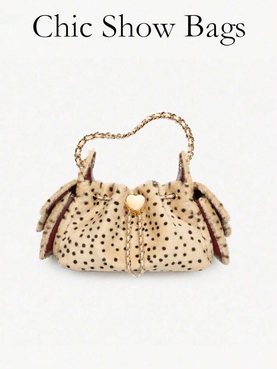Polka Dot Fuzzy Bucket Bag, Cute Heart Metal Chain Crossbody Bag, Fluffy Drawstring Shoulder Purse For Party Daily - Khaki - View 1